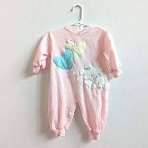Vtg 90s Bright Future Pink 6-9m Bear Knit Romper Baby Girls